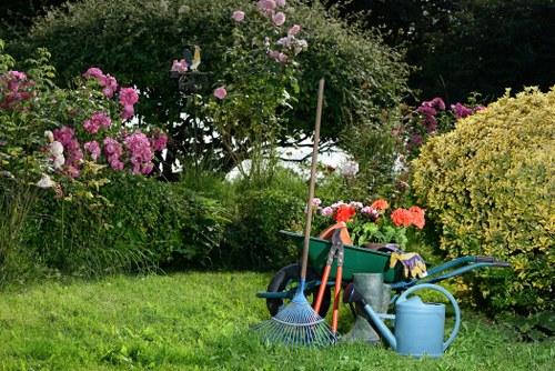 A well-maintained garden scene featuring a lush green lawn in the foreground with a variety of flowering shrubs and bushes, including pink and purple blooms, positioned along a wooden fence and hedge line. Charcoal-colored flowering plants and a small bush with pink roses are visible among the greenery. Garden tools such as a blue rake, a watering can, and a wheelbarrow filled with gardening supplies like gloves and cloths are arranged neatly on the grass, indicating active outdoor maintenance. In the background, tall trees provide shade and a natural backdrop to the landscaped outdoor space. The overall scene suggests a neat, cared-for garden in a residential area, possibly in Crouch End, with natural light highlighting the varied plant textures and vibrant colour contrasts typical of well-tended UK gardens. This image reflects a focus on garden care and landscaping services suitable for outdoor spaces in the local area, supported by the presence of actively maintained plantings and clean, organized tools.